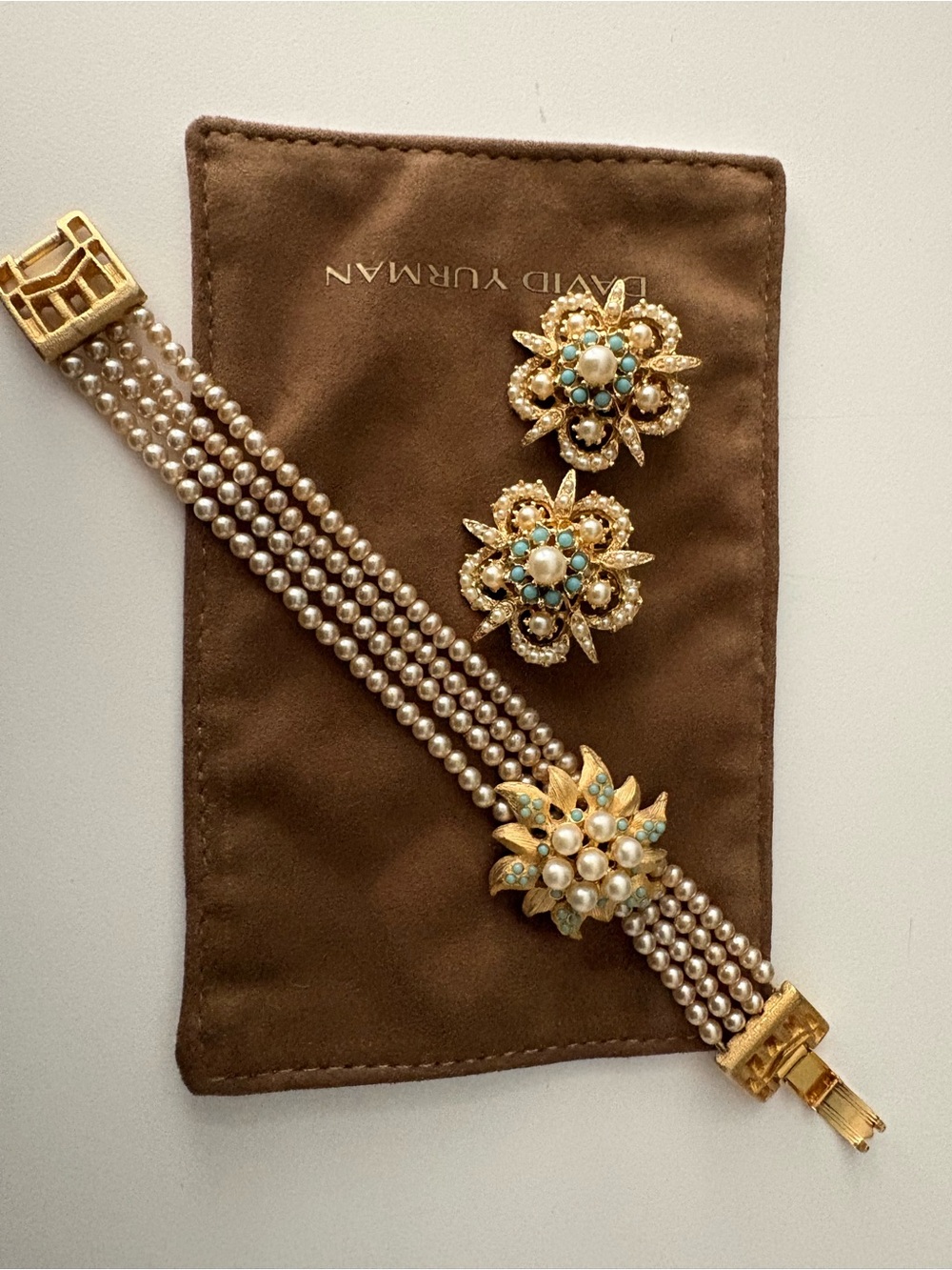 Mid Century Vintage Gold, SeedPearl and Turquoise Floral Bracelet & Earrings Set